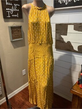 Elings Yellow And White Polka Dot Maxi Halter Dress Medium NWT